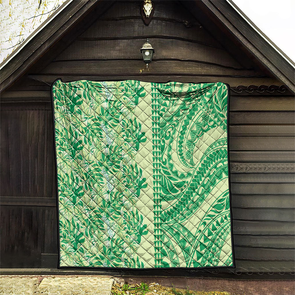 Lime Green Hibiscus Monstera Seamless Kakau Hawaii Quilt