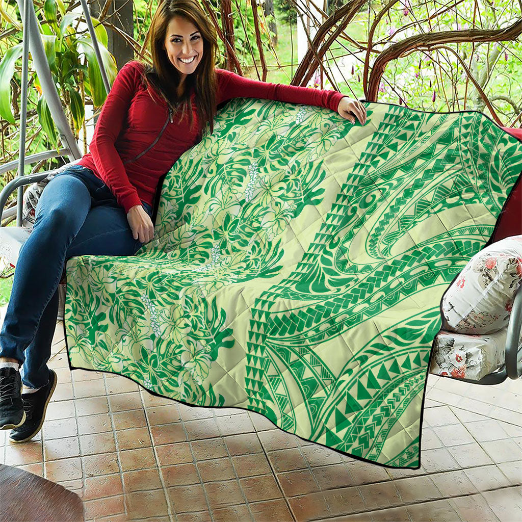 Lime Green Hibiscus Monstera Seamless Kakau Hawaii Quilt