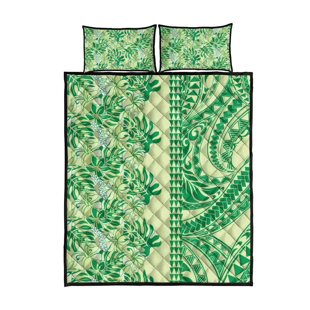 Lime Green Hibiscus Monstera Seamless Kakau Hawaii Quilt Bed Set