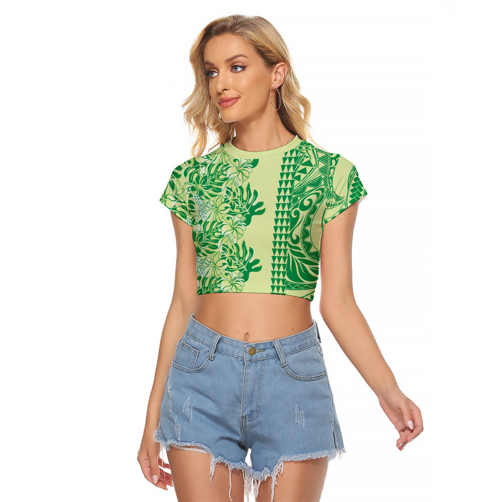 Lime Green Hibiscus Monstera Seamless Kakau Hawaii Raglan Cropped T Shirt LT14 Female Lime Green - Polynesian Pride