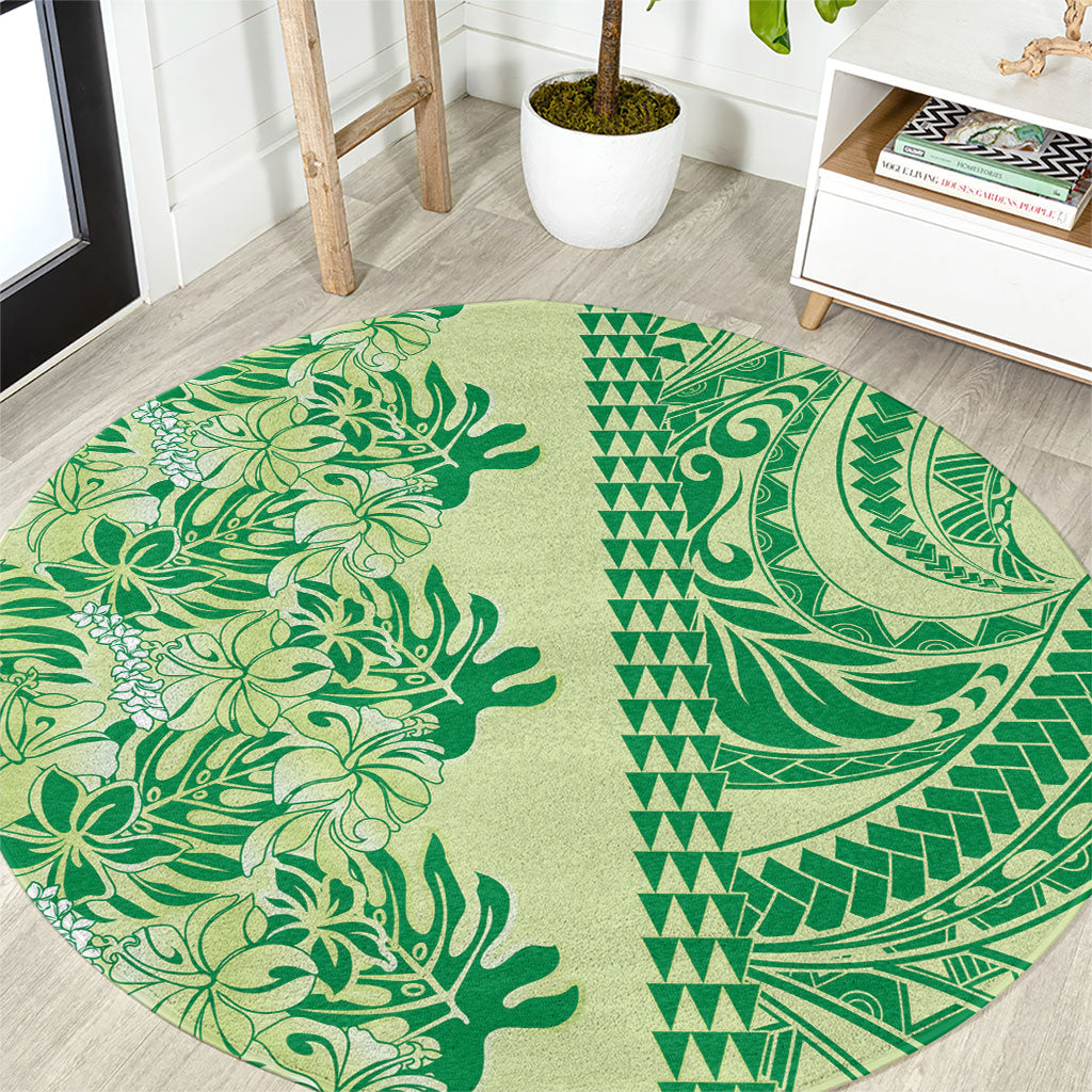 Lime Green Hibiscus Monstera Seamless Kakau Hawaii Round Carpet