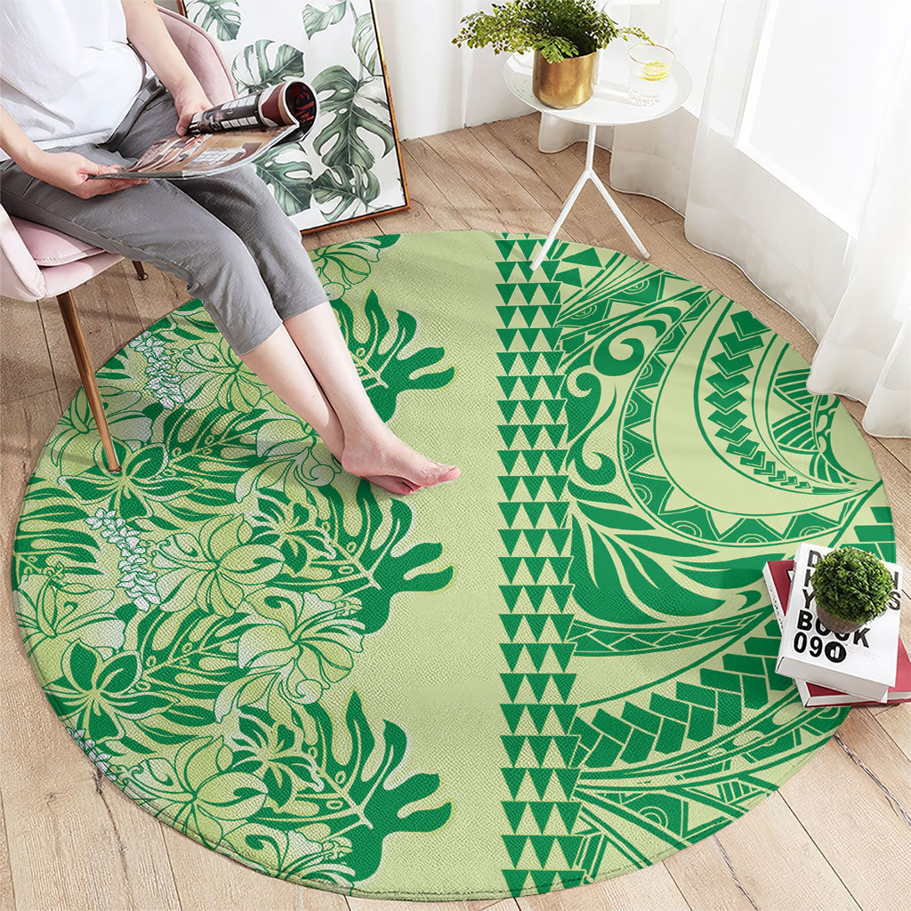 Lime Green Hibiscus Monstera Seamless Kakau Hawaii Round Carpet