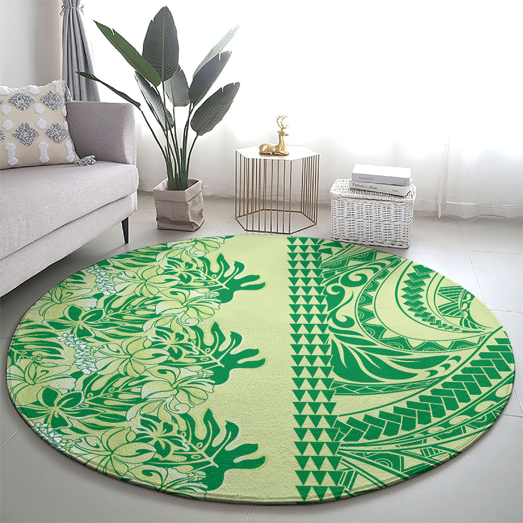 Lime Green Hibiscus Monstera Seamless Kakau Hawaii Round Carpet