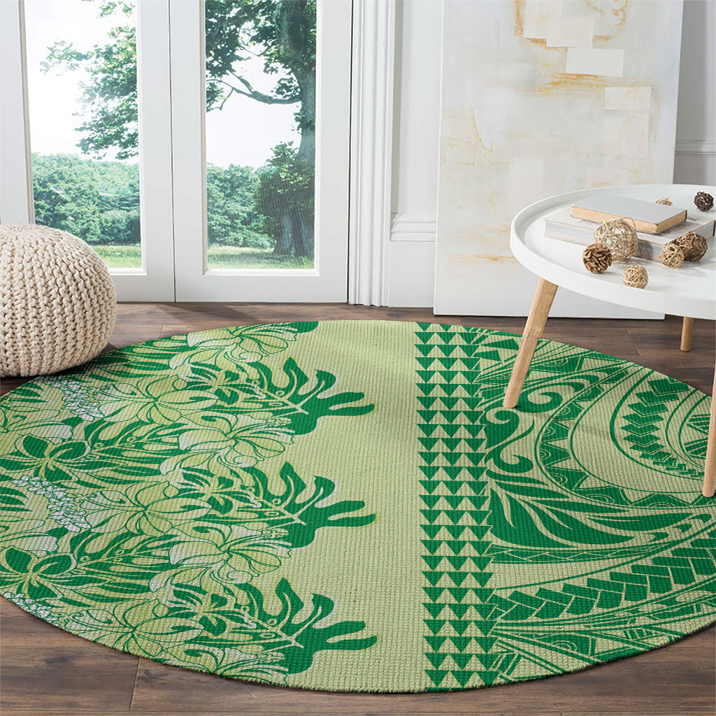 Lime Green Hibiscus Monstera Seamless Kakau Hawaii Round Carpet
