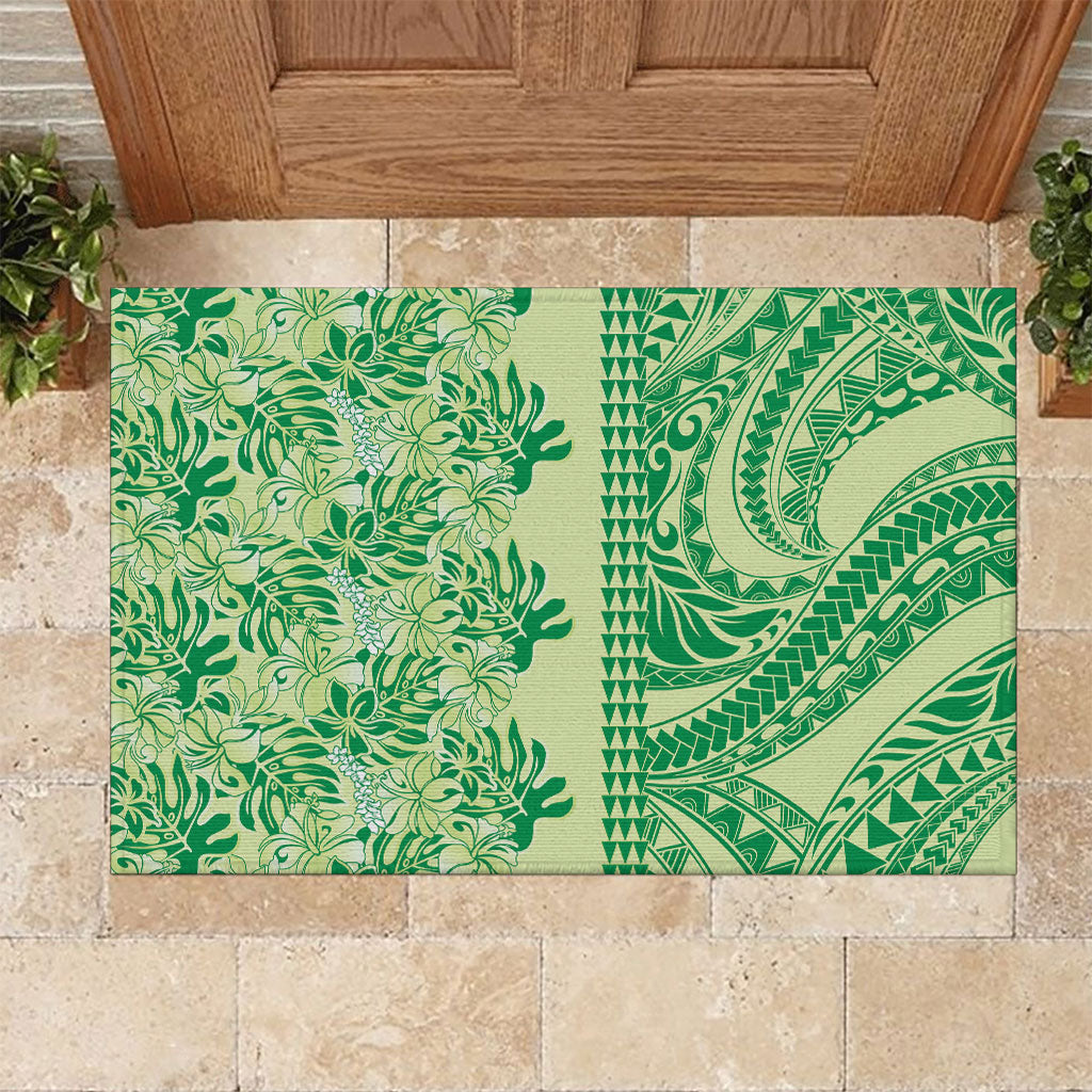 Lime Green Hibiscus Monstera Seamless Kakau Hawaii Rubber Doormat
