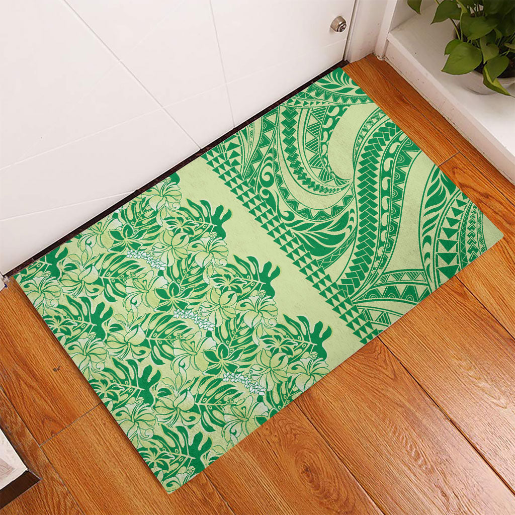 Lime Green Hibiscus Monstera Seamless Kakau Hawaii Rubber Doormat