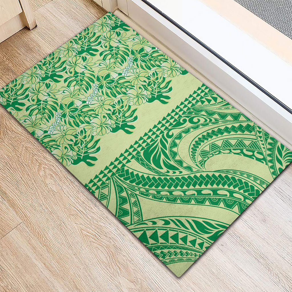 Lime Green Hibiscus Monstera Seamless Kakau Hawaii Rubber Doormat