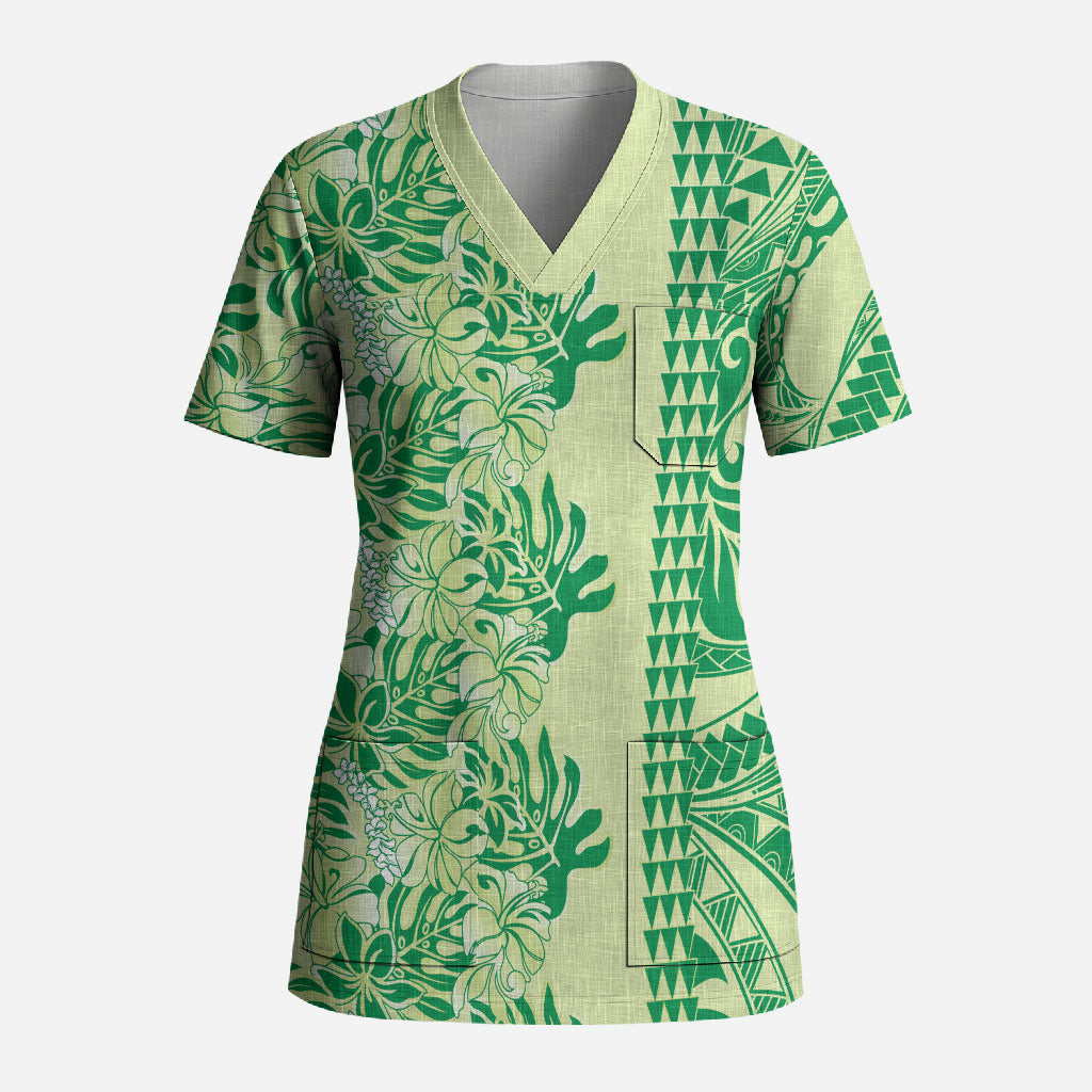 Lime Green Hibiscus Monstera Seamless Kakau Hawaii Scrub Top