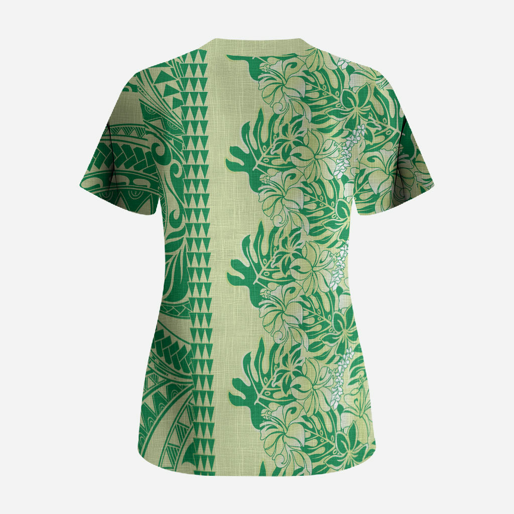 Lime Green Hibiscus Monstera Seamless Kakau Hawaii Scrub Top