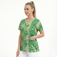 Lime Green Hibiscus Monstera Seamless Kakau Hawaii Scrub Top