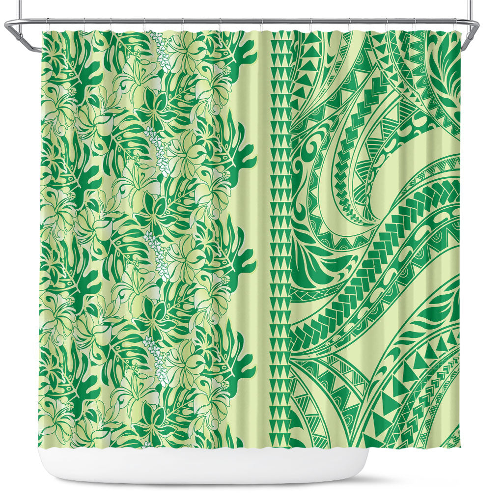 Lime Green Hibiscus Monstera Seamless Kakau Hawaii Shower Curtain