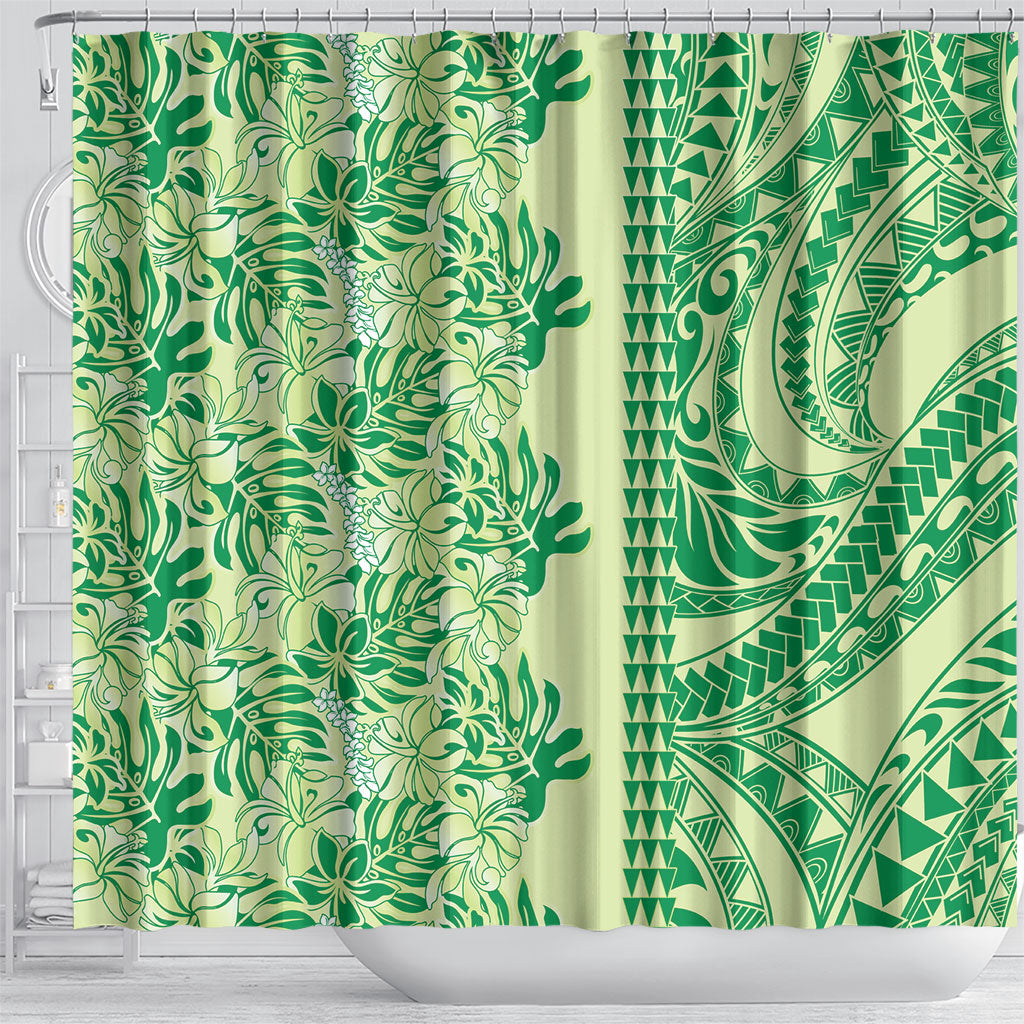Lime Green Hibiscus Monstera Seamless Kakau Hawaii Shower Curtain