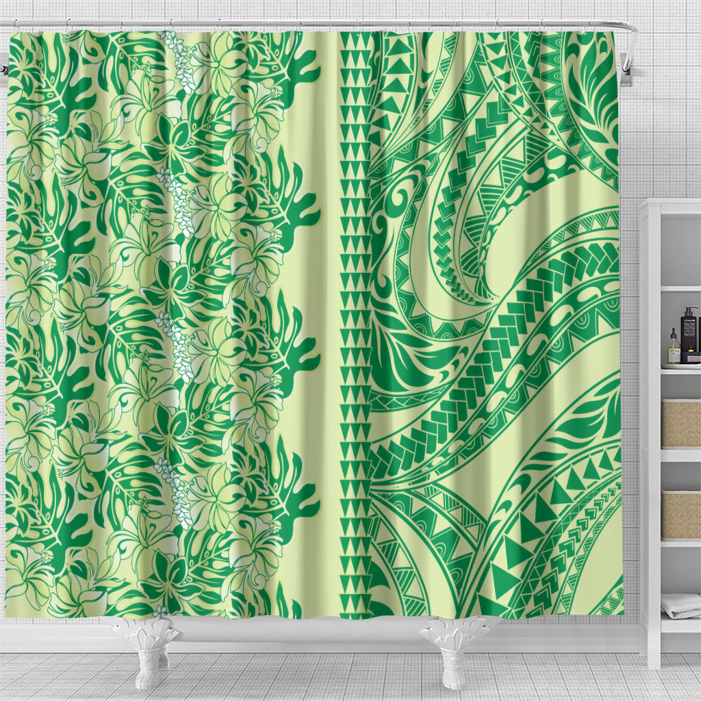 Lime Green Hibiscus Monstera Seamless Kakau Hawaii Shower Curtain