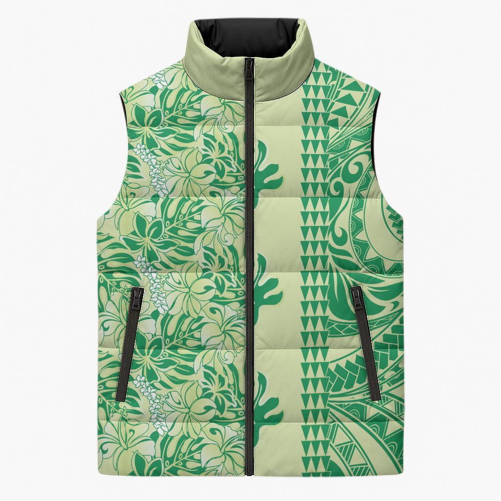 Lime Green Hibiscus Monstera Seamless Kakau Hawaii Sleeveless Puffer Jacket