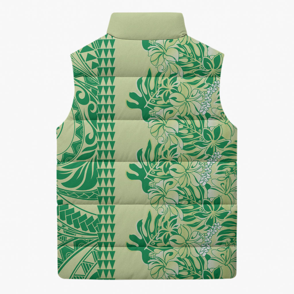 Lime Green Hibiscus Monstera Seamless Kakau Hawaii Sleeveless Puffer Jacket