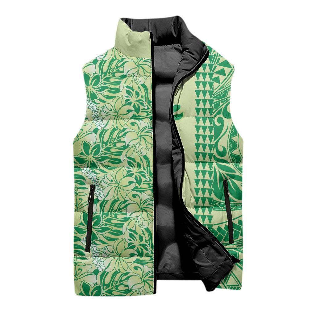 Lime Green Hibiscus Monstera Seamless Kakau Hawaii Sleeveless Puffer Jacket