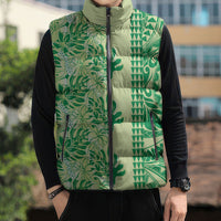 Lime Green Hibiscus Monstera Seamless Kakau Hawaii Sleeveless Puffer Jacket