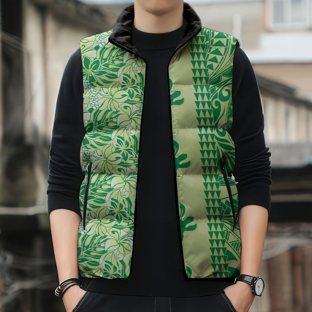 Lime Green Hibiscus Monstera Seamless Kakau Hawaii Sleeveless Puffer Jacket