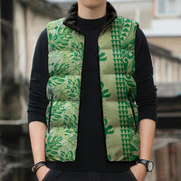Lime Green Hibiscus Monstera Seamless Kakau Hawaii Sleeveless Puffer Jacket