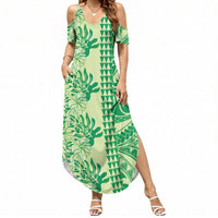 Lime Green Hibiscus Monstera Seamless Kakau Hawaii Summer Maxi Dress LT14 Women Lime Green - Polynesian Pride