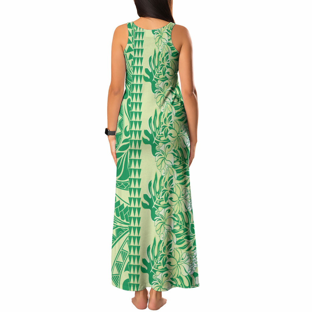 Lime Green Hibiscus Monstera Seamless Kakau Hawaii Tank Maxi Dress LT14 - Polynesian Pride