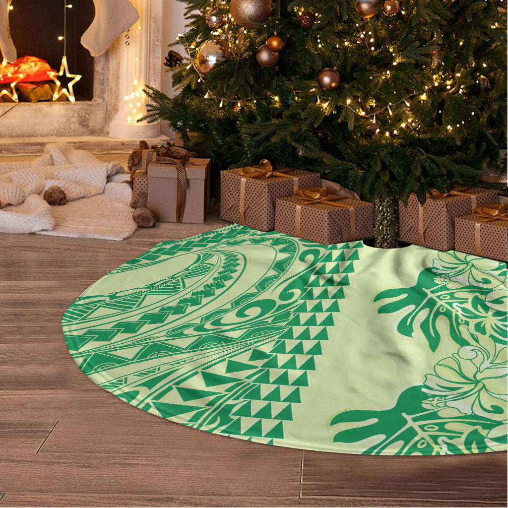 Lime Green Hibiscus Monstera Seamless Kakau Hawaii Tree Skirt
