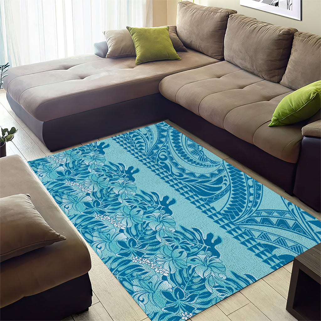 Cyan Hibiscus Monstera Seamless Kakau Hawaii Area Rug