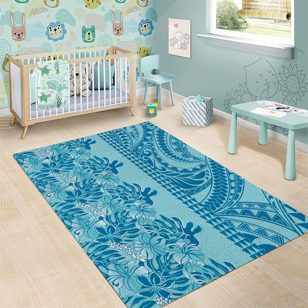 Cyan Hibiscus Monstera Seamless Kakau Hawaii Area Rug