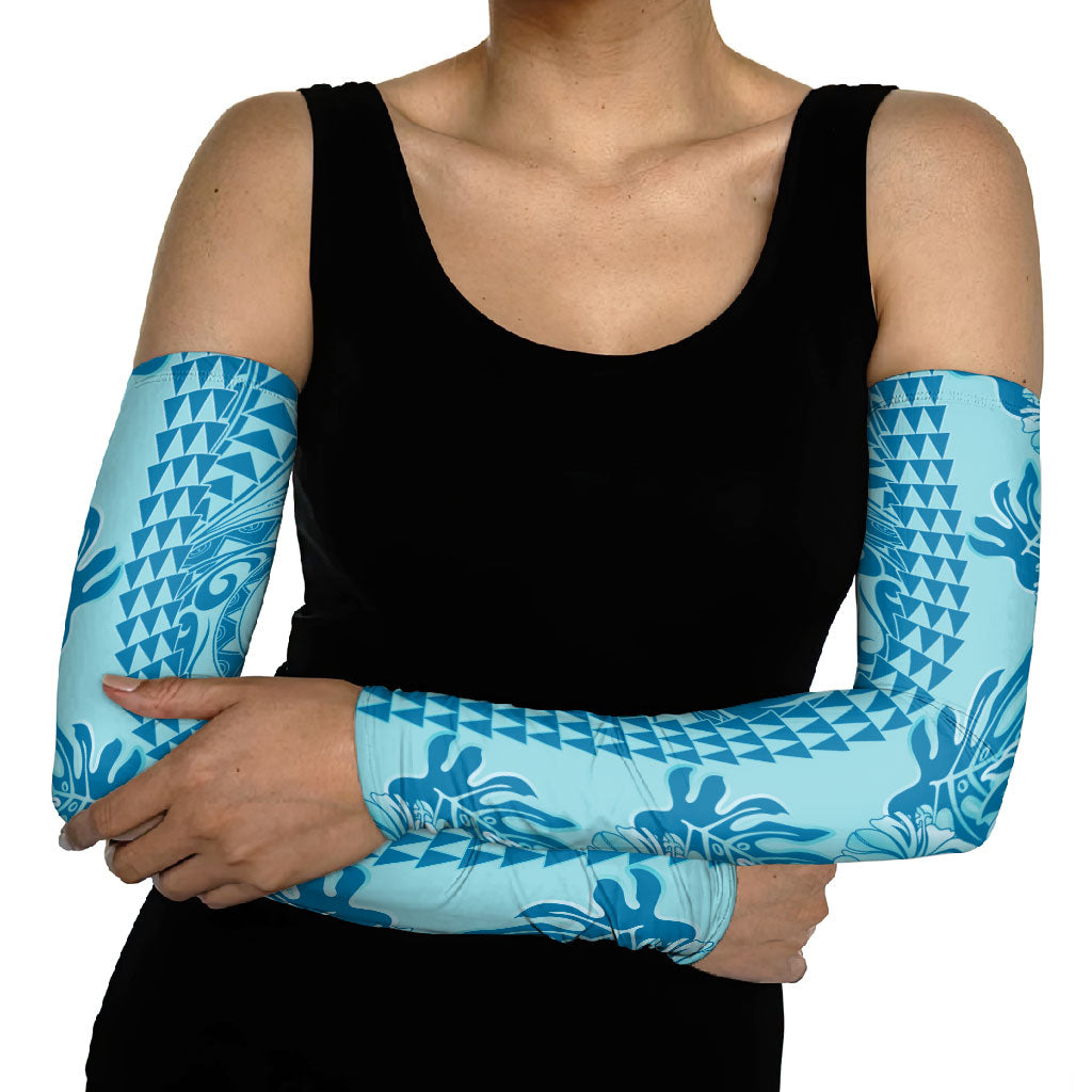 Cyan Hibiscus Monstera Seamless Kakau Hawaii Arm Sleeves