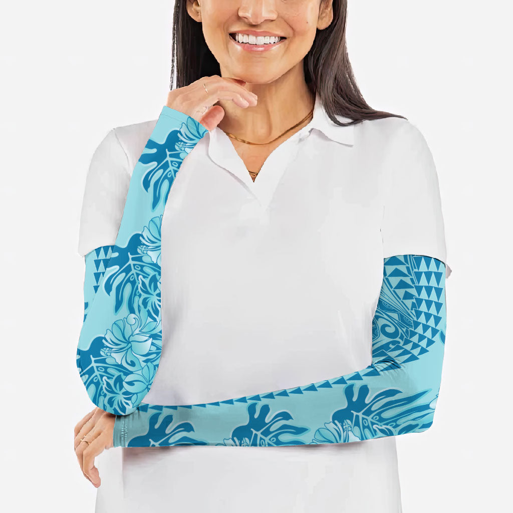 Cyan Hibiscus Monstera Seamless Kakau Hawaii Arm Sleeves