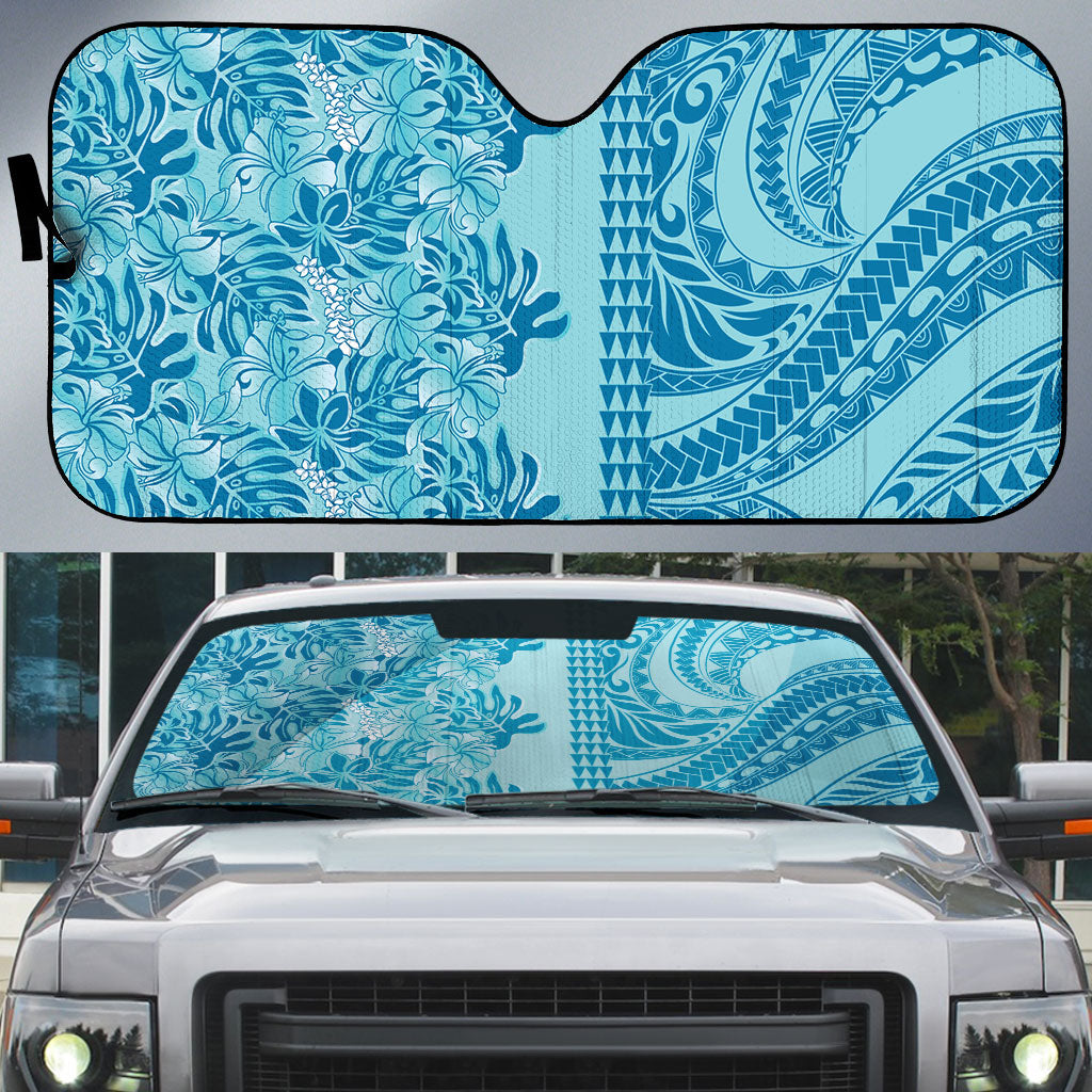 Cyan Hibiscus Monstera Seamless Kakau Hawaii Auto Sun Shade