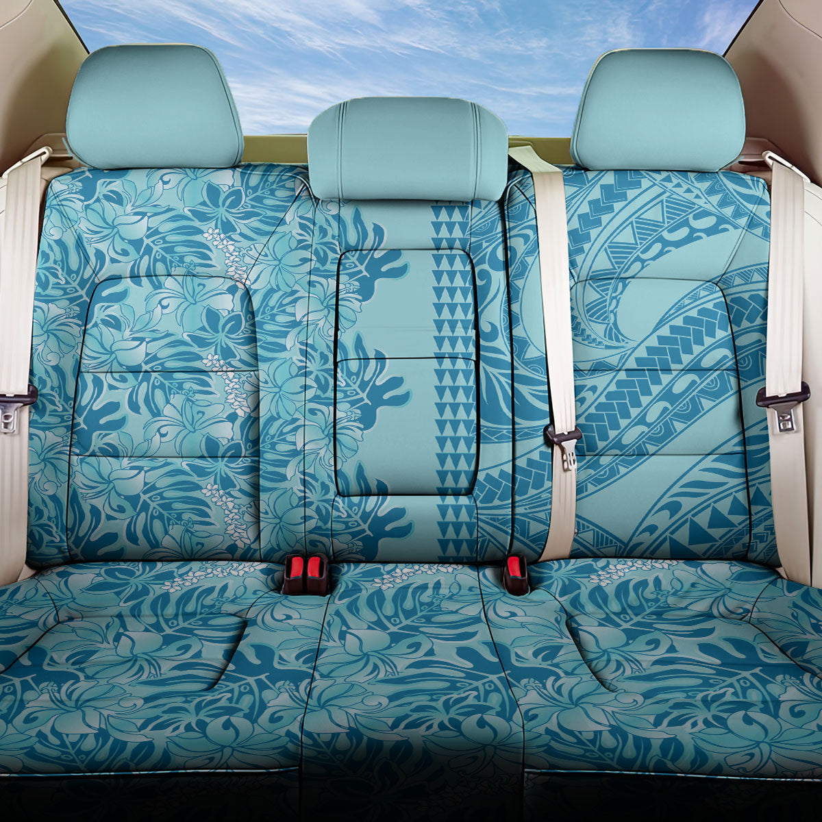 Cyan Hibiscus Monstera Seamless Kakau Hawaii Back Car Seat Cover LT14 One Size Cyan - Polynesian Pride