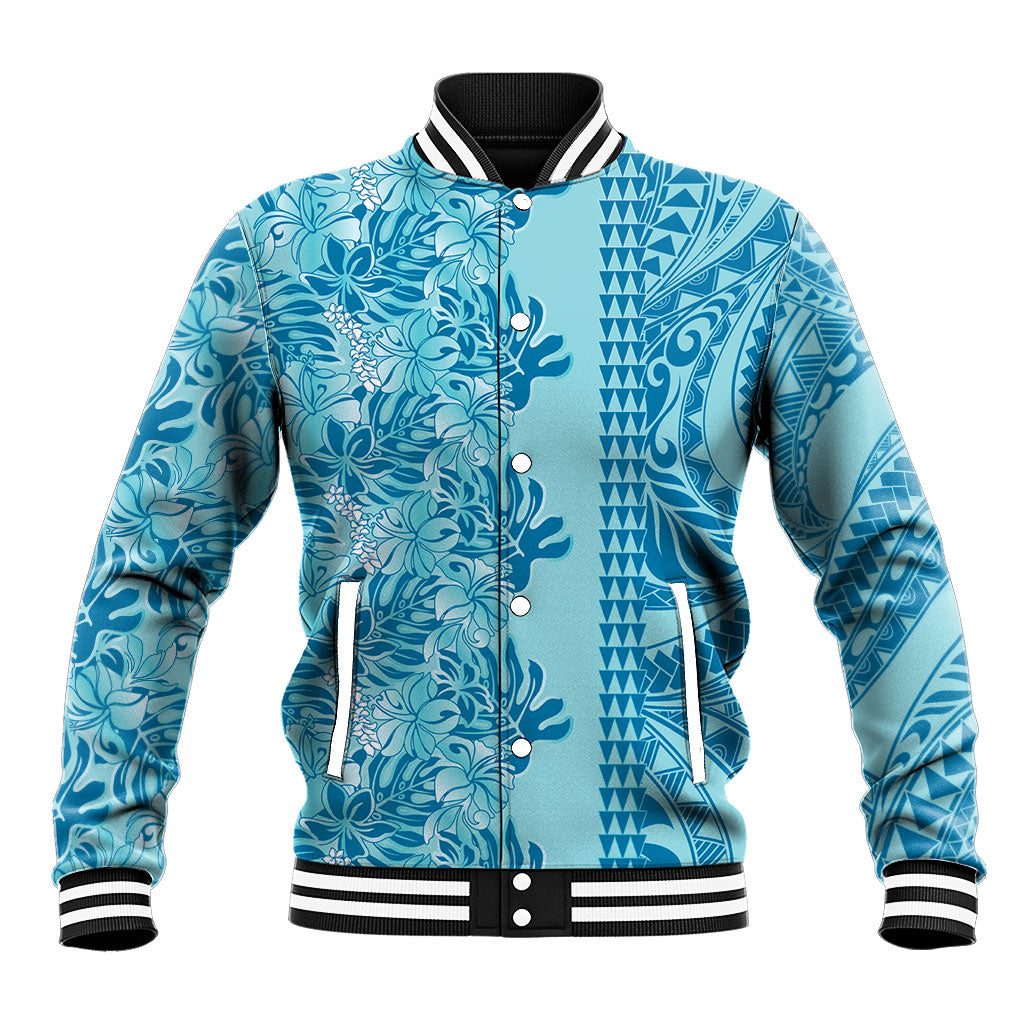 Cyan Hibiscus Monstera Seamless Kakau Hawaii Baseball Jacket LT14 Unisex Cyan - Polynesian Pride