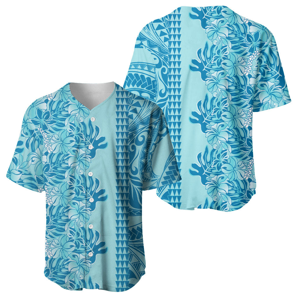 Cyan Hibiscus Monstera Seamless Kakau Hawaii Baseball Jersey
