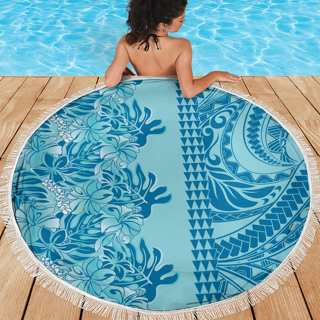 Cyan Hibiscus Monstera Seamless Kakau Hawaii Beach Blanket