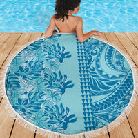Cyan Hibiscus Monstera Seamless Kakau Hawaii Beach Blanket