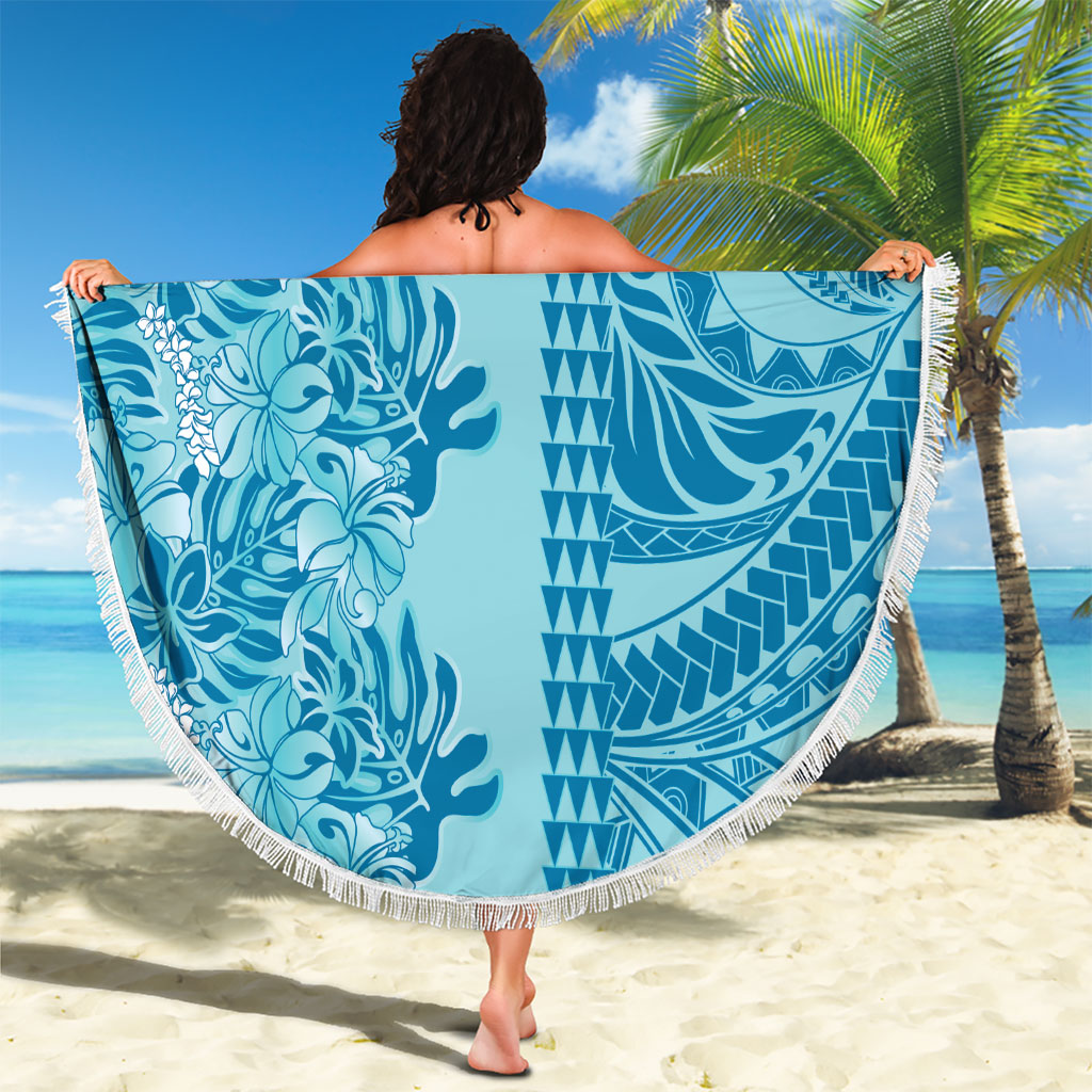 Cyan Hibiscus Monstera Seamless Kakau Hawaii Beach Blanket