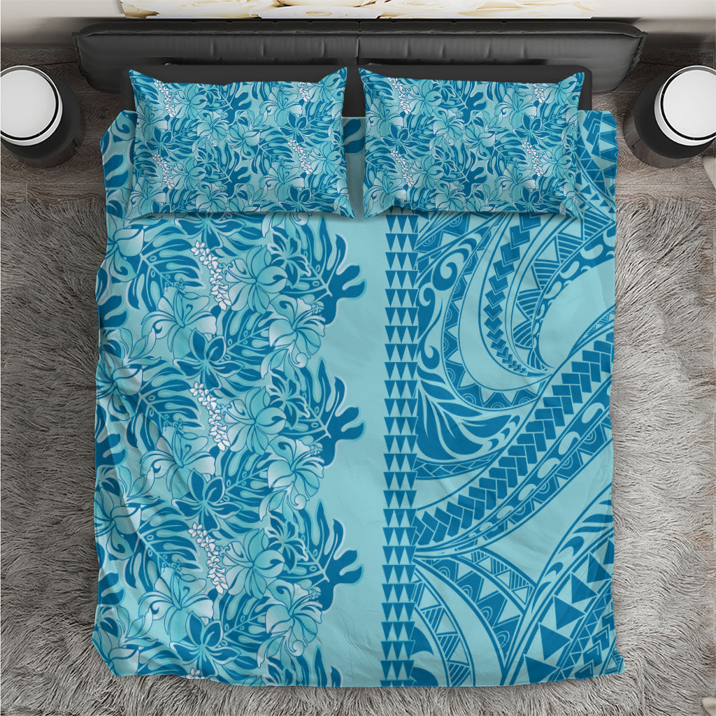 Cyan Hibiscus Monstera Seamless Kakau Hawaii Bedding Set LT14 Cyan - Polynesian Pride