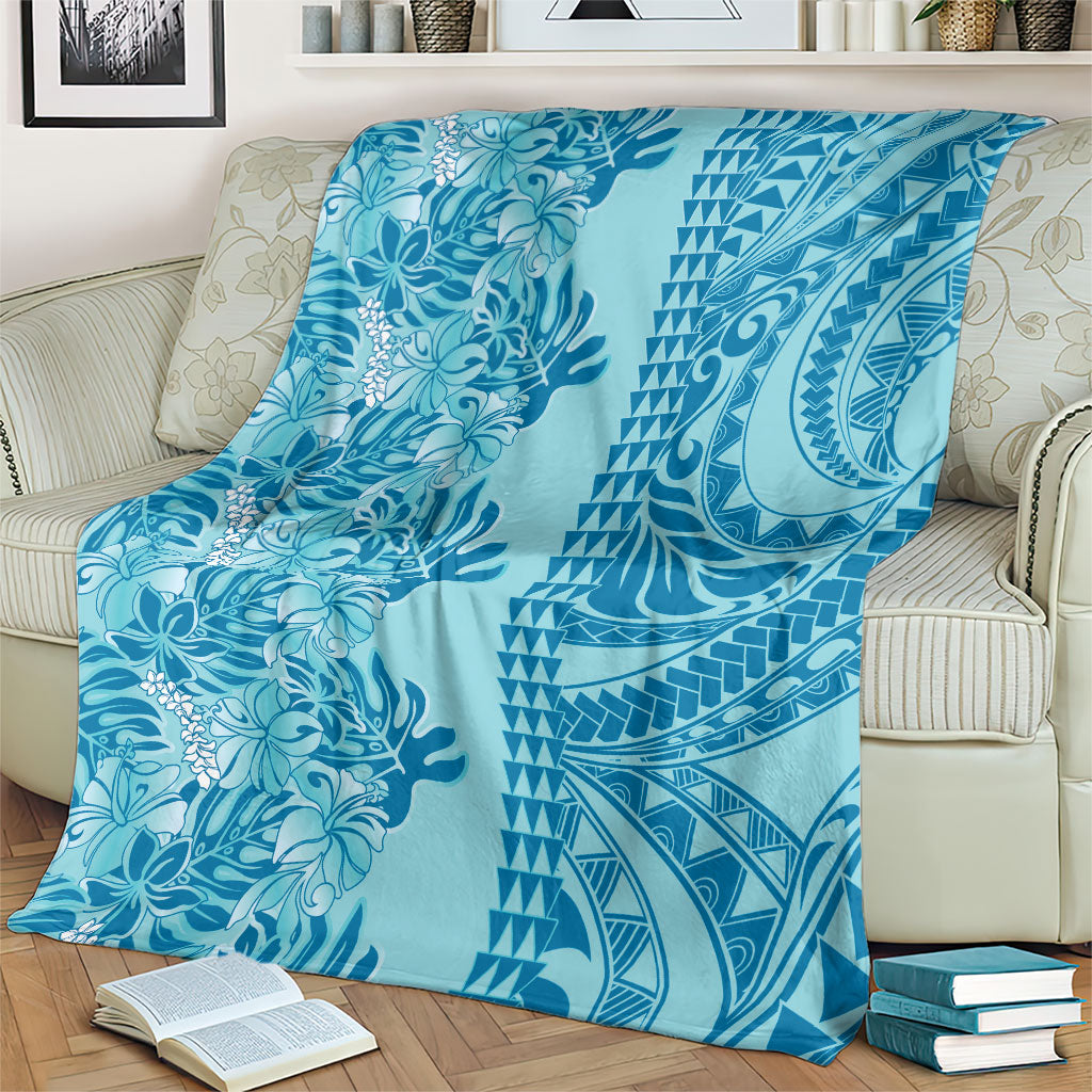 Cyan Hibiscus Monstera Seamless Kakau Hawaii Blanket