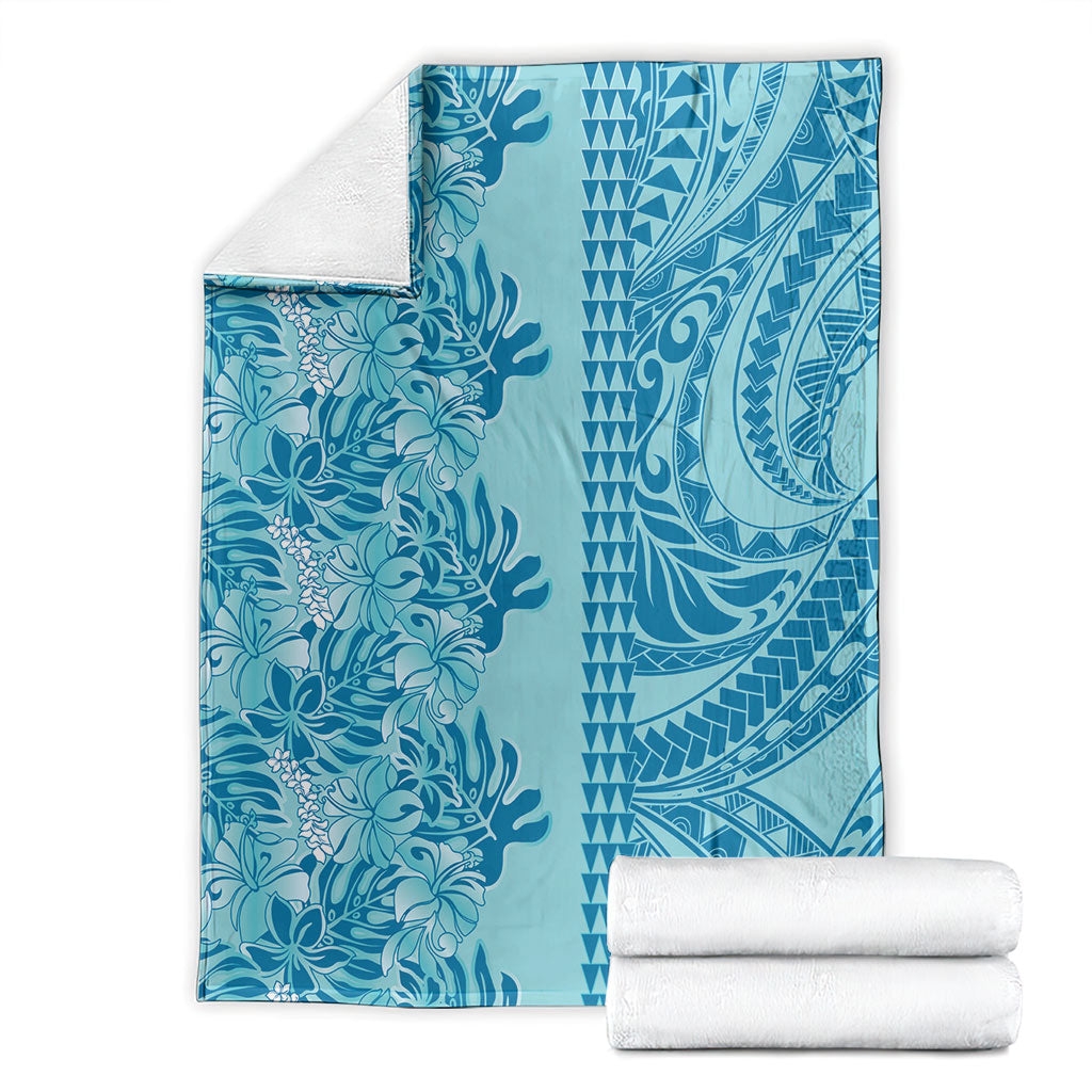 Cyan Hibiscus Monstera Seamless Kakau Hawaii Blanket