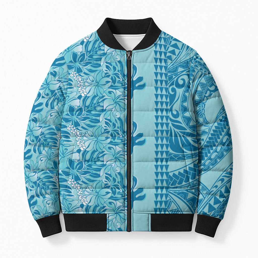 Cyan Hibiscus Monstera Seamless Kakau Hawaii Bomber Puffer Jacket