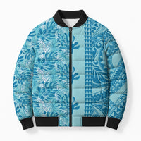 Cyan Hibiscus Monstera Seamless Kakau Hawaii Bomber Puffer Jacket