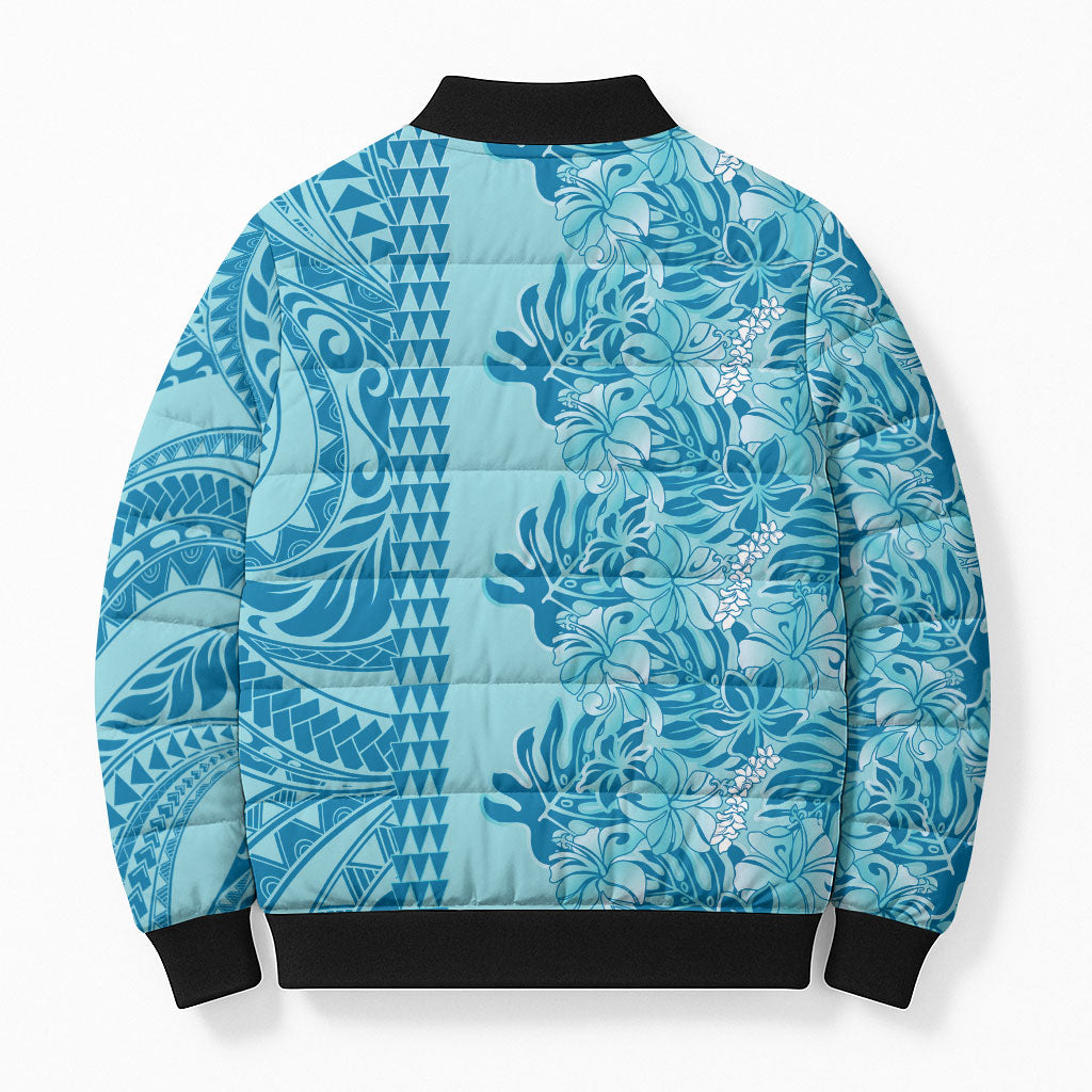 Cyan Hibiscus Monstera Seamless Kakau Hawaii Bomber Puffer Jacket