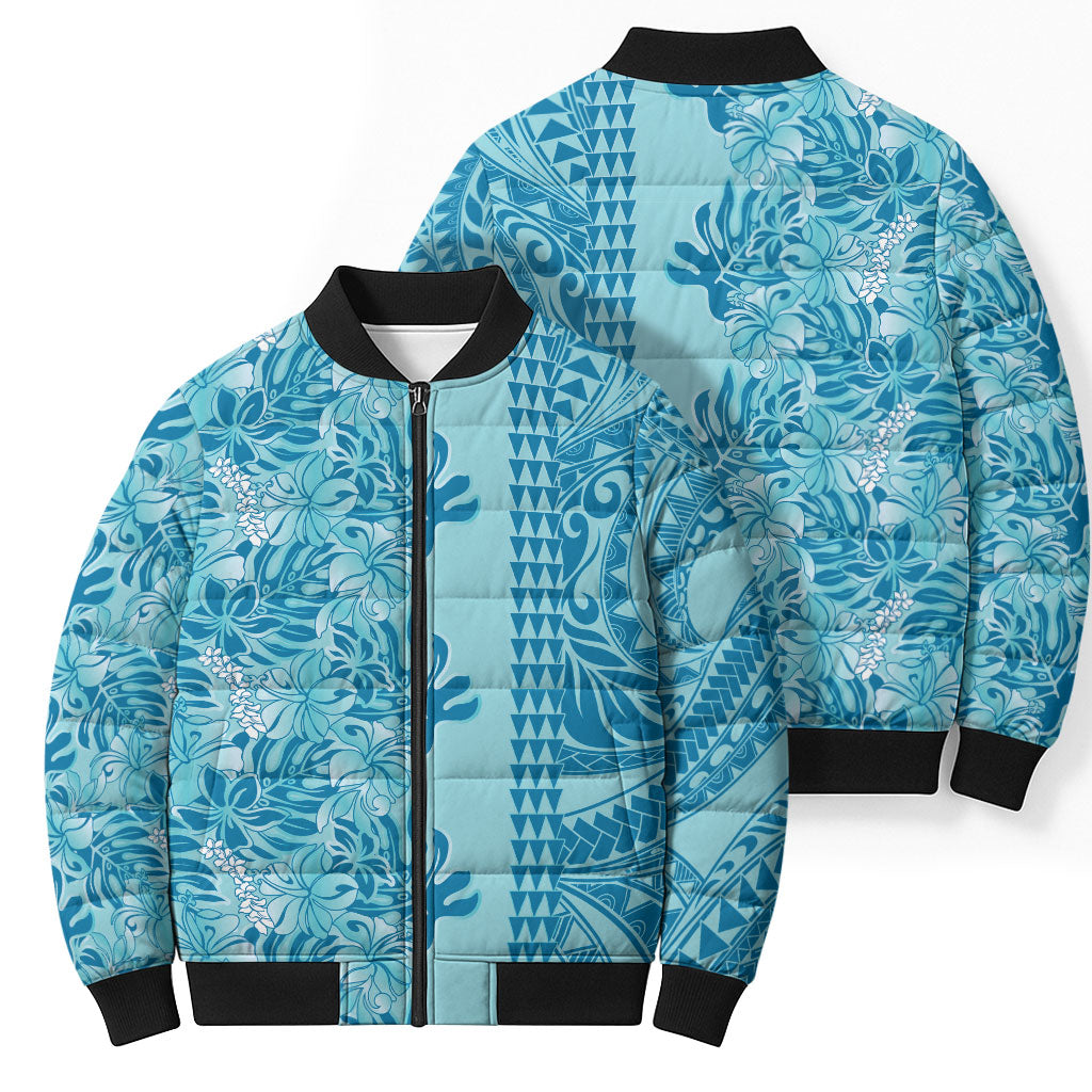 Cyan Hibiscus Monstera Seamless Kakau Hawaii Bomber Puffer Jacket