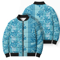 Cyan Hibiscus Monstera Seamless Kakau Hawaii Bomber Puffer Jacket