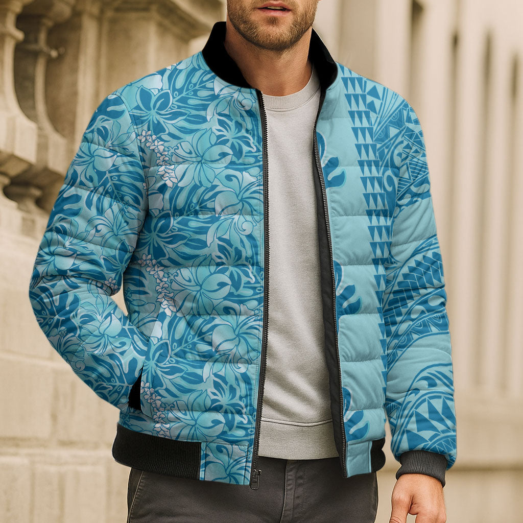 Cyan Hibiscus Monstera Seamless Kakau Hawaii Bomber Puffer Jacket