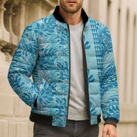 Cyan Hibiscus Monstera Seamless Kakau Hawaii Bomber Puffer Jacket