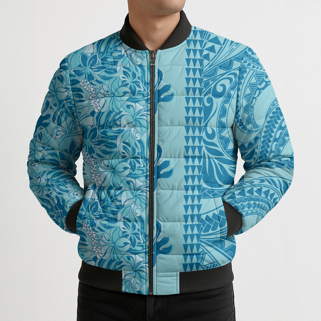 Cyan Hibiscus Monstera Seamless Kakau Hawaii Bomber Puffer Jacket
