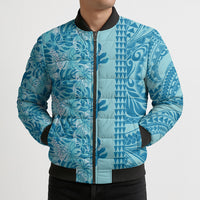 Cyan Hibiscus Monstera Seamless Kakau Hawaii Bomber Puffer Jacket