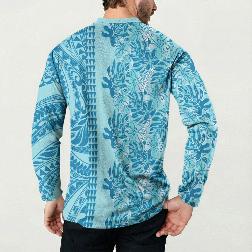 Cyan Hibiscus Monstera Seamless Kakau Hawaii Button Sweatshirt LT14 - Polynesian Pride